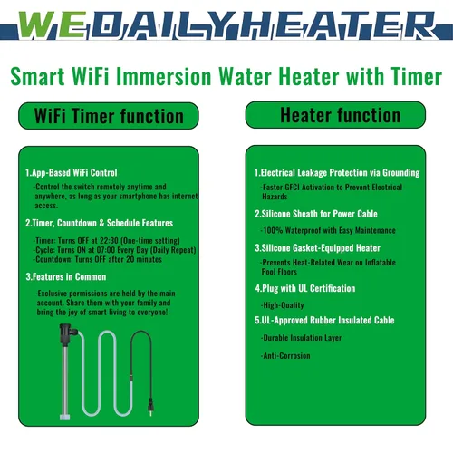 Vista 3 de Calentador de agua de inmersión de 1500 W para bañera de hidromasaje y piscina, calentador eléctrico portátil totalmente sumergible con apagado