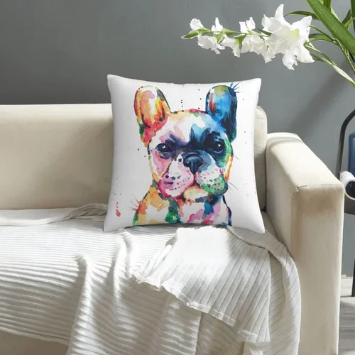 Vista 7 de VARUN Fundas de almohada creativas multicolor de bulldog francés en acuarela, cachorro, pintura artística, fundas de almohada cuadradas