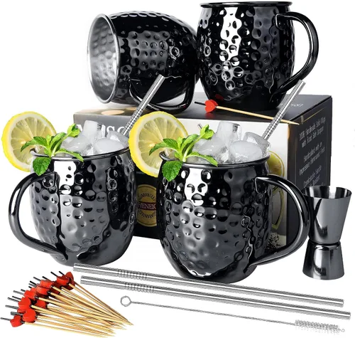 Vista 8 de Moscow Mule - Juego de 2 tazas grandes forradas de acero inoxidable de 18 onzas, tazas martilladas seguras para alimentos, para bebidas frías frías