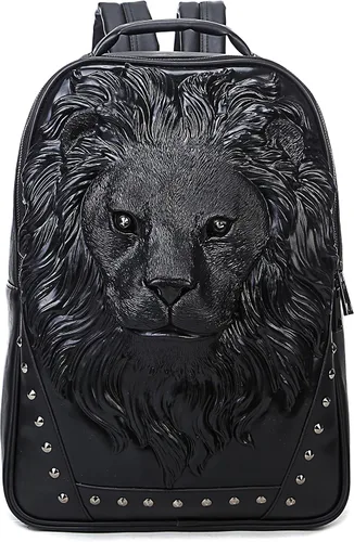 Vista 9 de Berchirly Mochilas de viaje con cabeza de león en 3D para mujer, mochila de 10.2 in-negro