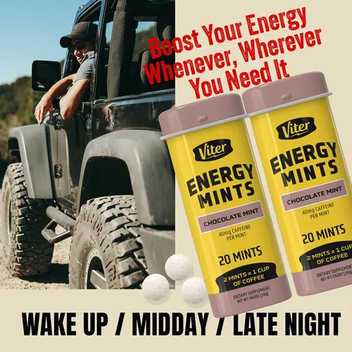 Vista 3 de Viter Energy Mentas con Cafeína 40mg de Cafeína, Vitaminas B, Sin Azúcar. (Menta Chocolate, 20 piezas, Paquete de 6)