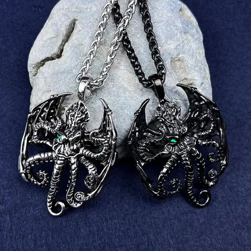 Vista 45 de YAMI Collar de alas angulares para hombre, ángel de la guarda, dragón, cuervo, pulpo, collar de anime, collar de acero inoxidable 316