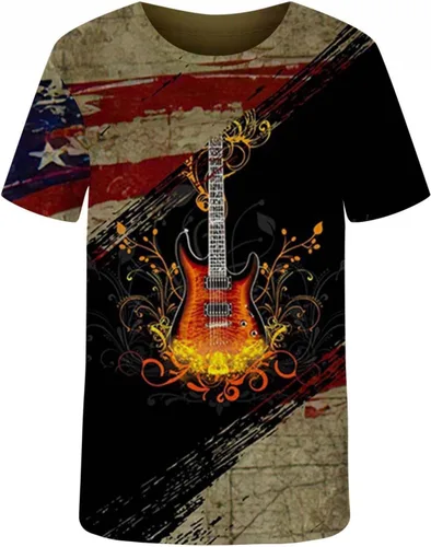 Vista 2 de HOOMEUMY Camiseta de manga corta para hombre, retro, con estampado de guitarra en 3D, para verano, cuello redondo, casual, deportes, entrenamiento