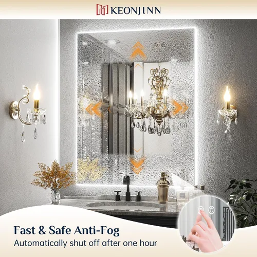 Vista 4 de Keonjinn - Espejo de 48x30 pulg retroiluminado LED para baño/tocador, luz de 3 colores ajustables blanca/cálida/natural, lúmenes altos, montaje