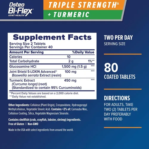 Vista 2 de Osteo BI-FLEX® Triple fuerza + Cúrcuma, 80 tabletas Mejora la función articular, poder antioxidante, 80 tabletas recubiertas