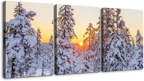 Vista 11 de YONICA Lienzo decorativo de 3 paneles para decoración de oficina en casa, hermoso paisaje con árboles nevados, impresiones en lienzo HD Giclée