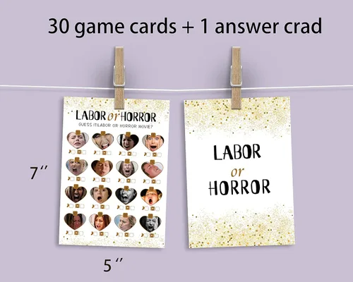 Vista 3 de Juego de baby shower de trabajo u terror, 31 tarjetas (incluyendo respuestas), fiesta de revelación de género, para mamá, papá, niños, mujeres