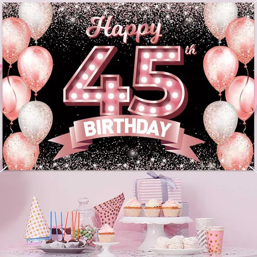 Vista 22 de Cartel de feliz cumpleaños décimo oro rosa, telón de fondo, saludos a 10 años, globos de confeti, decoración temática para niñas de 10 años