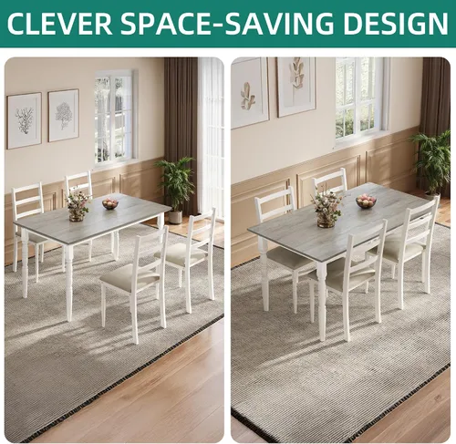 Vista 7 de YITAHOME Juego de mesa de comedor de 5 piezas para 4, mesa de comedor de granja con sillas tapizadas de piel sintética, juego de mesa rectangular