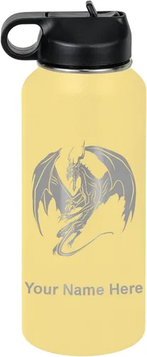 Vista 57 de LaserGram Botella de agua con tapa abatible de doble pared de 12 onzas con pajilla, dragón, grabado personalizado incluido (negro)