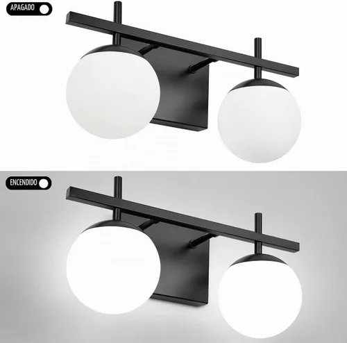 Vista 2 de Accesorios de iluminación de baño sobre espejo, luces de tocador negras para baño con vidrio esmerilado blanco, accesorios de iluminación de tocador