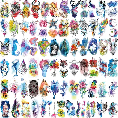 Vista 3 de JEEFONNA 86 hojas de tatuajes temporales, 14 hojas grandes de medio brazo de tatuajes falsos de flores, gato, búho y león, 72 hojas pequeñas