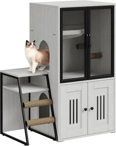 Vista 10 de Caja de arena para gatos para 2 gatos y puertas, casa doble para gatos con espacio de almacenamiento, casa de juegos para gatos con hamaca y puerta