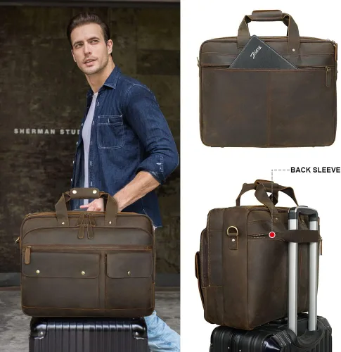 Vista 6 de Maletín XL de cuero de 18 pulgadas para hombres que se adapta a portátiles de 17 pulgadas, bolsa cruzada de mensajero de viaje de negocios