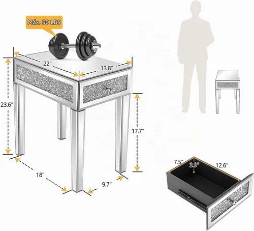 Vista 2 de VINGLI Mesa auxiliar estrecha con espejo, pequeña mesa auxiliar para sofá/sofá/cama con almacenamiento, mesita de noche de cristal delgada