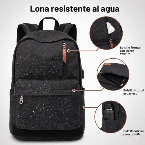 Vista 2 de Mochila de lona para laptop, mochila escolar impermeable con carga USB, 17.32in X 12.6in X 6.0in, Mochilas Daypack Negro