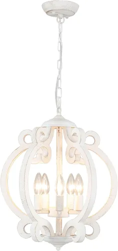 Vista 8 de Lámpara de araña de granja para comedor, lámpara de campo francés, color blanco envejecido, candelabro de madera rústica de 4 luces, lámpara