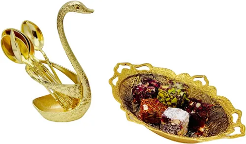 Vista 6 de Swan Spoon Eid - Juego de cubiertos de cuchara pequeña – Cubertería festiva de lujo, decoración moderna con soporte de 7 piezas (dorado)