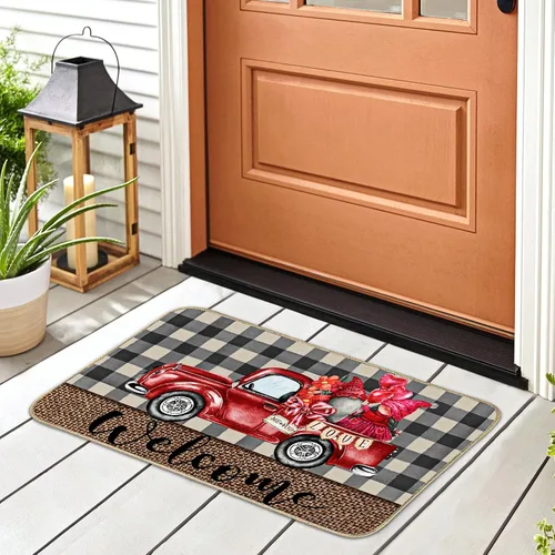Vista 6 de Tatuo Tapete decorativo para el día de San Valentín, tapete decorativo a cuadros rojos para camión, gnomo, tapete de bienvenida, antideslizante