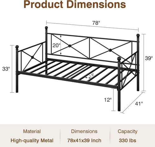Vista 6 de VECELO Marco de cama de día con cabecero, plataforma de soporte de listones de metal resistente para sala de estar, habitación de invitados, fácil