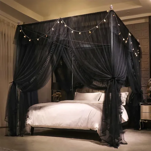 Vista 2 de VETHIN Cortina de Dosel de Cama de Princesa con Volantes de 4 Postes de Esquina - Red de Tul de Doble Capa Acogedora con 4 Aberturas, Mosquitera