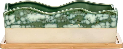 Vista 6 de MyGift Maceta rectangular para suculentas - Maceta decorativa de cerámica beige y verde glaseada con bandeja de bambú extraíble