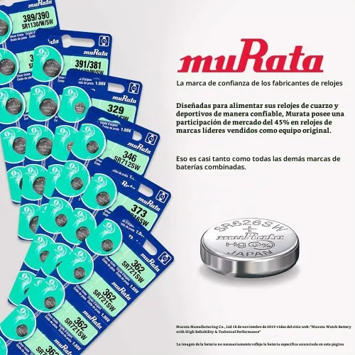 Vista 2 de Murata 337 SR416SW Batería 1.55V Celda de botón de reloj de óxido de plata - Sustituye a Sony 337 (2 baterías)
