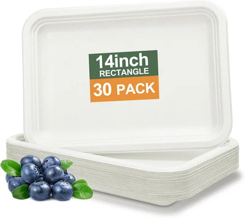 Vista 10 de Paquete de 10 platos de comida, platos de papel rectangulares, aptos para microondas, a prueba de remojos, resistentes a cortes, compostables