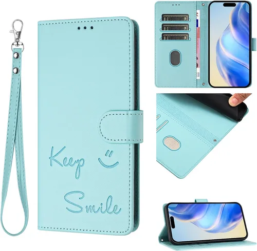 Vista 14 de Flip Wallet Case for Motorola Moto E32 4G (Int'l), Keep Smile Embossed Leather Cover with Card Slots, RFID Blocking, Kickstand, Wrist Strap Black.