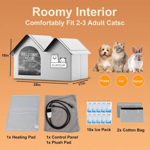 Vista 8 de Casa resistente para gatos con calefacción para invierno, casa para gatos al aire libre con aislamiento impermeable, con almohadilla térmica