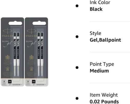 Vista 5 de Parker, recarga de pluma de gel para plumas de punta media, tinta negra, 4 recargas