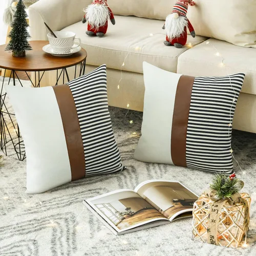 Vista 2 de Cygnus - Juego de 2 fundas de almohada de 16 x 16 pulgadas hechas de lino y de la unión de distintas telas con diseño de rayas para decoración Negro