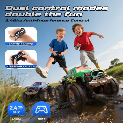 Vista 8 de DEERC BG028 Camión monstruo anfibio RC/barco, coche de control remoto IPX7 impermeable con control por detección de gestos, coche RC de 2.4GHz 4WD