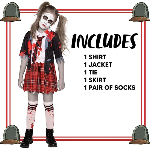 Vista 5 de Spooktacular Creations Disfraz de colegiala zombi, disfraz de zombi sangriento para niños, Halloween, escuela, fiesta de eventos