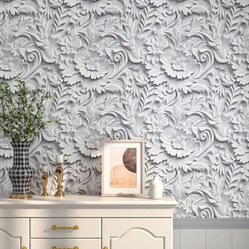 Vista 7 de Papel tapiz floral 3D de imitación para despegar y pegar, papel tapiz moderno de plasto de plástico con flores grandes, papel de contacto blanco