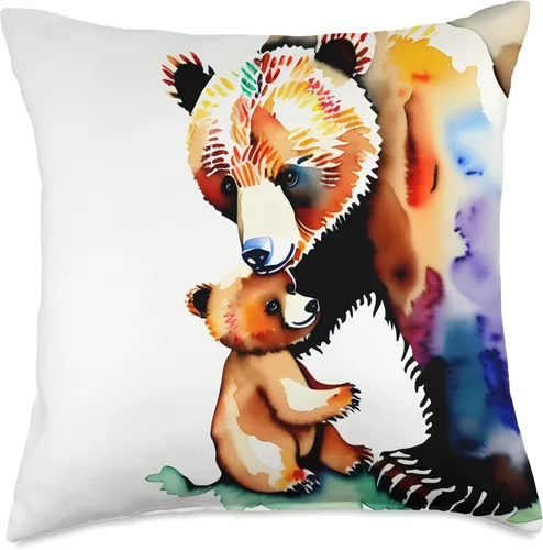 Vista 5 de Mama Bear Baby Bear Looks Like Watercolor Art Almohada de tiro 16x16, multicolor
