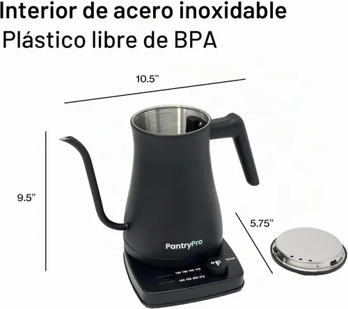 Vista 6 de PantryPro Hervidor eléctrico de cuello de cisne con control de temperatura, hervidor rápido de 34 oz/1.0L, interior de acero inoxidable, apagado