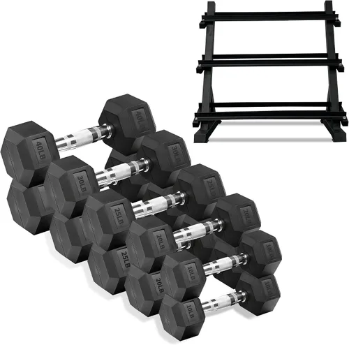 Vista 9 de 350/450/550 Lbs Hex Dumbbell Set with 3-Tier Rack Rubber Coated Weights Storage Stand for Home Gym Workout Training and Strength Exercise Equipment