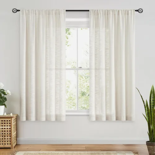 Vista 2 de FMFUNCTEX - Cortinas semitransparentes de lino de 114 cm de largo para dormitorio y sala de estar, paneles beige de lino texturizado para ventana