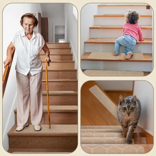 Vista 7 de MATAHUM Peldaños antideslizantes para escaleras, paquete de 15 alfombras de 8 x 30 pulgadas, color beige para escalones de madera en interiores