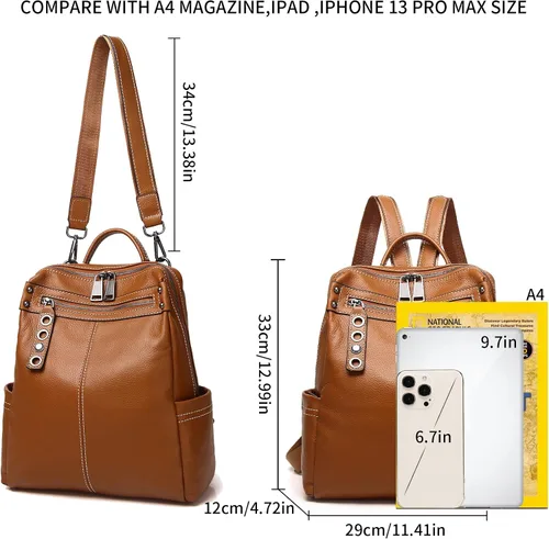 Vista 6 de Bolso mochila de cuero genuino para mujer 8179, naranja marrón, Classic