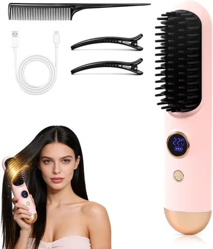 Vista 8 de Cepillo alisador de cabello 2026, cepillo alisador de cabello inalámbrico para cabello corto, mini cepillo portátil para alisar el cabello con 9