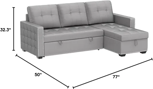 Vista 2 de Sofá modular con cama extraíble, sofá esquinero tapizado de terciopelo de 76.8 pulgadas con marco de madera maciza de 2 asientos y diván de Gris
