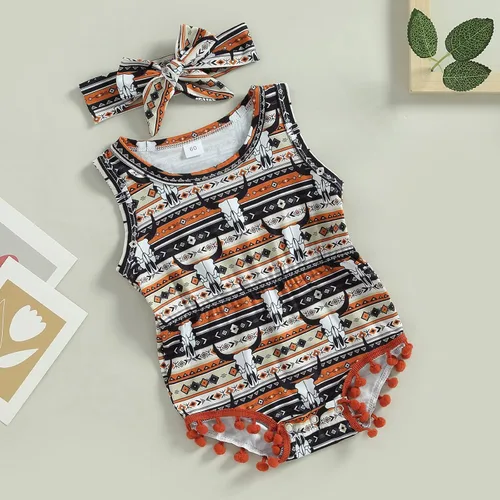 Vista 4 de Karuedoo Ropa occidental para bebé niña, con estampado de vaca, sin mangas, con pompones, traje de una pieza con diadema