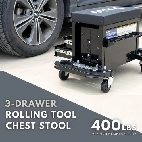 Vista 3 de Pro-Lift Mecánico - Asiento de rodillo con caja de herramientas, taburete de 3 cajones con cojín de asiento acolchado para enredadera de garaje