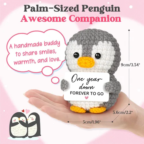 Vista 3 de Regalos de 1 año para aniversario de novio, novia, pingüino de ganchillo hecho a mano
