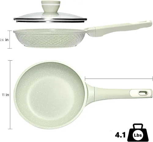Vista 2 de Sartenes antiadherentes de 11 pulgadas con tapa de vidrio templado, sartenes antiadherentes Verde-11 pulgadas con tapa