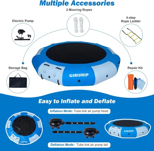 Vista 3 de Inflatable Water Trampoline for Lake, 8/12FT Heavy Duty Floating Lake Trampoline for Water with Pump & Ladder, Ocean Pool Jumping Platform for