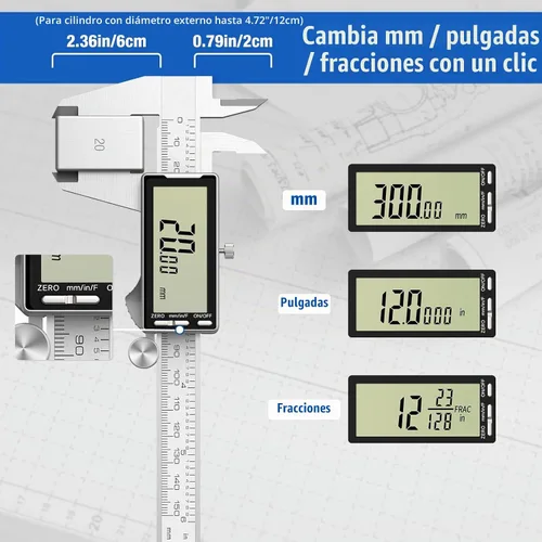 Vista 2 de Raynesys Calibre digital de 12 pulgadas con pantalla LCD grande, conversión de pulgadas/milímetros/fracción, calibre de micrómetro de 11.811 in