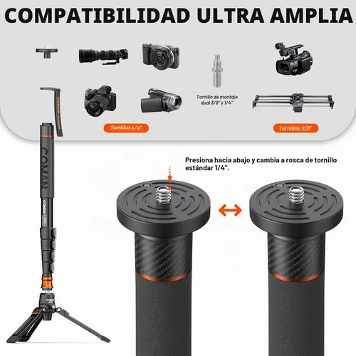 Vista 6 de Monopod de cámara profesional con pies, monopie de video de viaje portátil de aluminio de 73.2 pulgadas con base de trípode extraíble, carga máxima